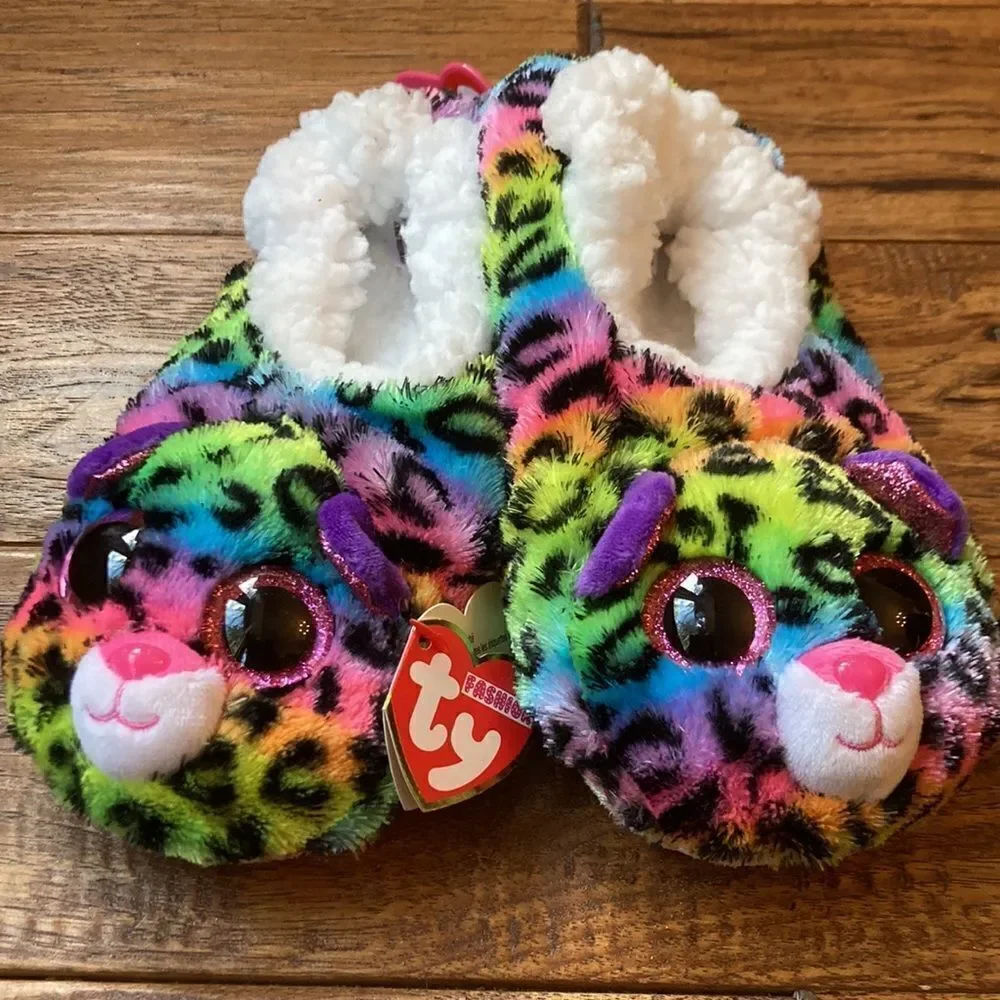 TY Beanie Boos Dottie Slippers Rainbow Leopard Youth Kids Size 4-6 New NWT